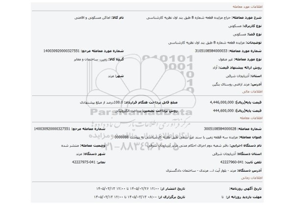 مزایده، مزایده قطعه شماره 8 طبق بند اول نظریه کارشناسی