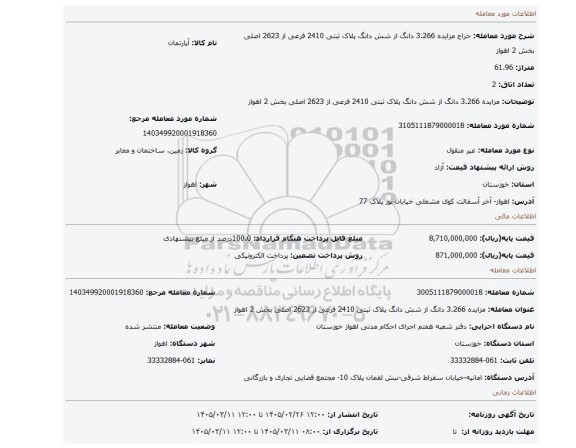 مزایده، مزایده 3.266 دانگ از شش دانگ پلاک ثبتی 2410 فرعی از 2623 اصلی بخش 2 اهواز