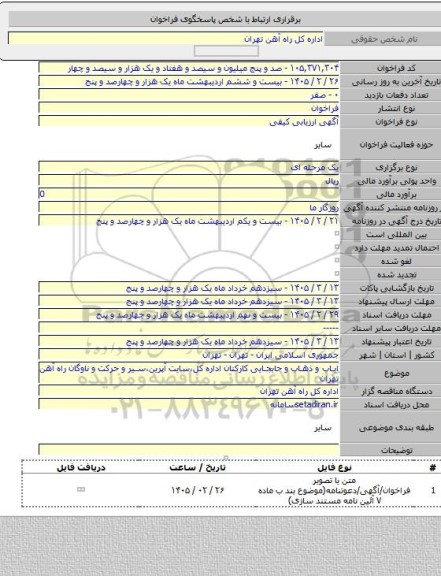 مناقصه, ایاب و ذهاب و جابجایی کارکنان اداره کل،سایت آپرین،سیر و حرکت و ناوگان راه آهن تهران