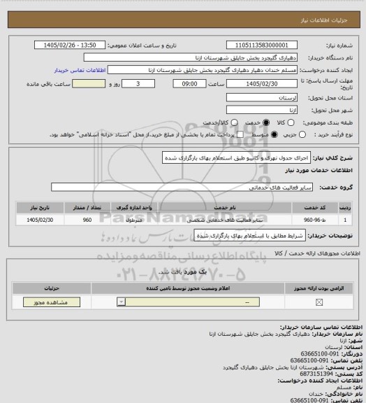 استعلام اجرای جدول نهری و کانیبو طبق استعلام بهای بارگزاری شده
