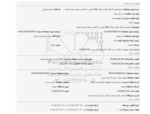مزایده،  فروش 6 دانگ ملک از پلاک 2594 فرعی از  8 اصلی  طبقه  بخش4 کرمان