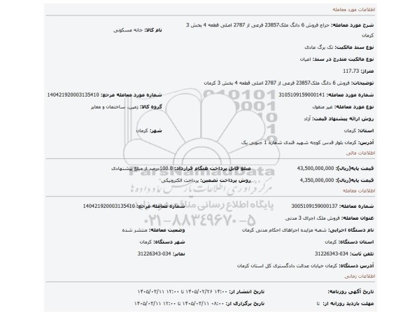 مزایده،  فروش 6 دانگ ملک23857 فرعی  از 2787 اصلی قطعه 4 بخش 3 کرمان