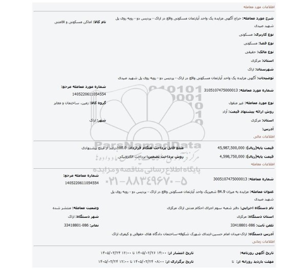 مزایده، آگهی مزایده یک واحد آپارتمان مسکونی واقع در اراک - پردیس دو - روبه روی پل شهید صیدی
