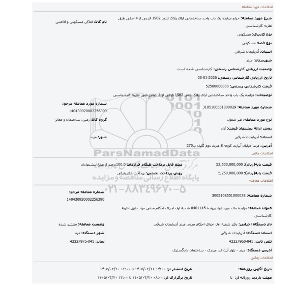 مزایده، مزایده یک باب واحد ساختمانی ارای پلاک ثبتی 1982 فرعی از 4 اصلی طبق نظریه کارشناسی
