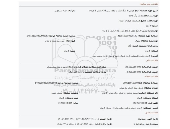 مزایده،  فروش 6 دانگ ملک با پلاک ثبتی 436 بخش 1 کرمان