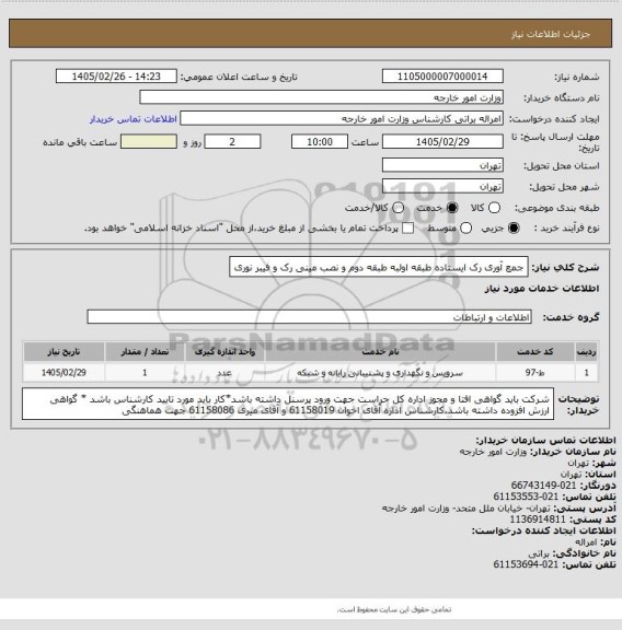 استعلام جمع آوری رک ایستاده طبقه اولبه طبقه دوم و نصب مینی رک و فیبر نوری