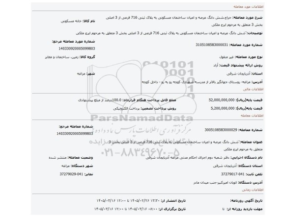 مزایده، َشش دانگ عرصه و اعیان ساختمان مسکونی به پلاک ثبتی 716 فرعی از 3 اصلی بخش 3 متعلق به مرحوم ایرج ملکی