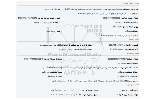 مزایده، یک باب غرفه تجاری واقع درجزیره کیش،میکامال طبقه اول واحد 456-1