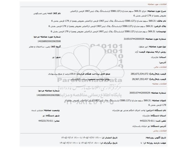 مزایده، 569.31 سهم مشاع از5580.127 ازششدانگ پلاک ثبتی1907 فرعی از1اصلی مفروض ومجزا از 179 فرعی بخش 6
