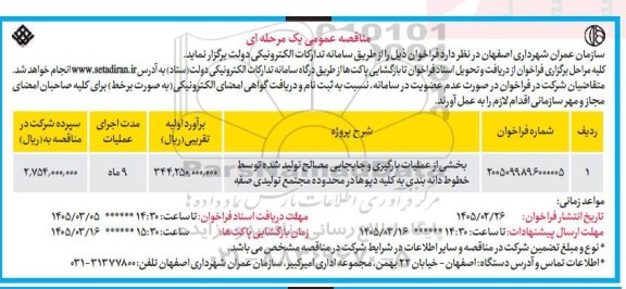 مناقصه بخشی از عملیات بارگیری و جابجایی مصالح تولید شده توسط خطوط دانه بندی ...