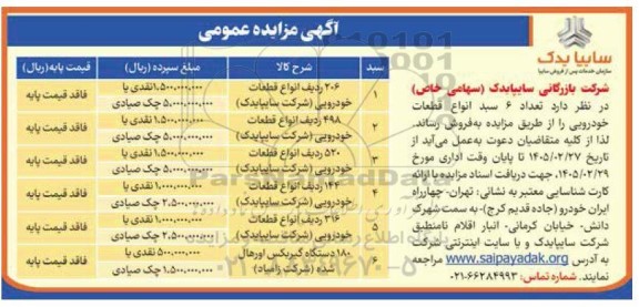 مزایده تعداد 6 سبد انواع قطعات خودرویی