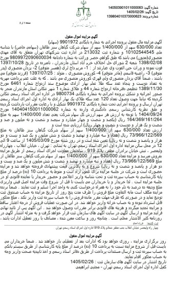 مزایده  تعداد 630.000 سهم از 1.400.000 سهم از سهام شرکت گیاهان سبز طالقان
