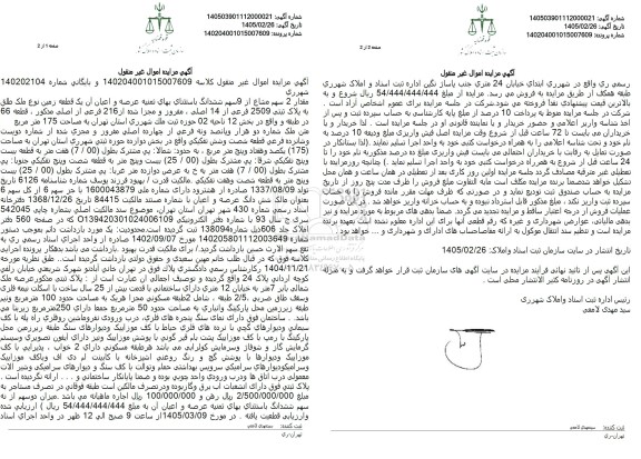 مزایده مقدار 2 سهم مشاع از 9 سهم ششدانگ باستثنای بهای ثمینه عرصه و اعیان آن یک قطعه زمین نوع ملک طلق به پلاک ثبتی 2509 فرعی از 14 اصلی، مفروز و مجزا شده از 216 فرعی از اصلی 