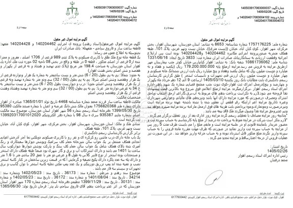 مزایده فروش یک قطعه خانه نوع ملک طلق با کاربری مسکونی به پلاک ثبتی 989 فرعی از 1706 اصلی
