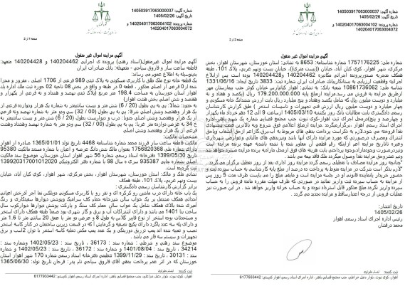 مزایده یک قطعه خانه نوع ملک طلق با کاربری مسکونی به پلاک ثبتی 989 فرعی از 1706 اصلی  ..