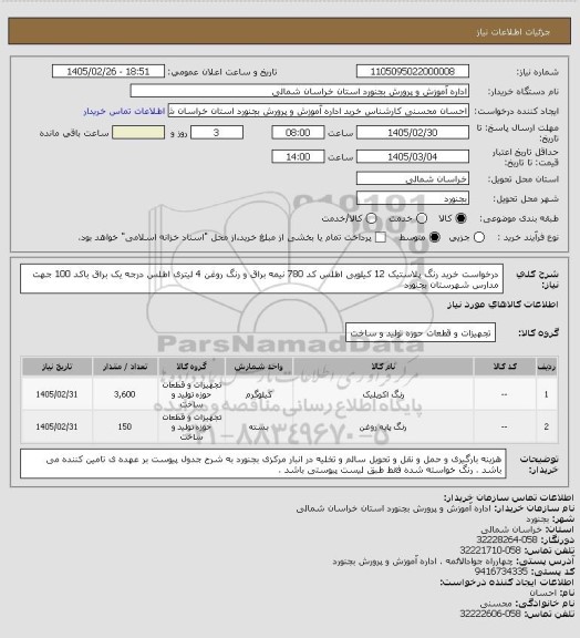 استعلام درخواست خرید رنگ پلاستیک 12 کیلویی اطلس کد 780 نیمه براق و رنگ روغن 4 لیتری اطلس درجه یک براق باکد 100 جهت مدارس شهرستان بجنورد