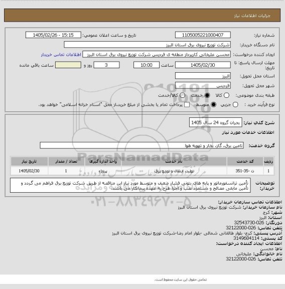 استعلام بحران گروه 24 سال 1405، سایت ستاد