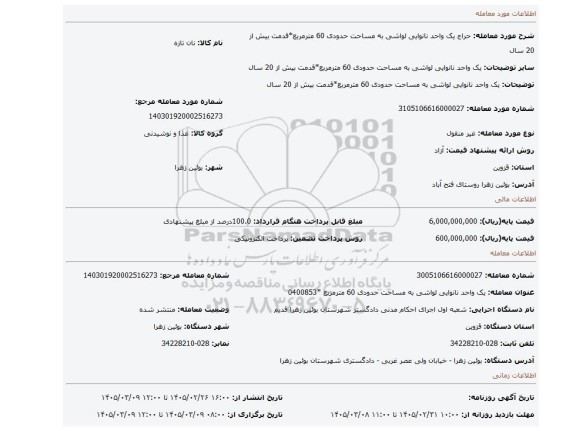 مزایده، یک واحد نانوایی لواشی به مساحت حدودی 60 مترمربع*قدمت بیش از 20 سال