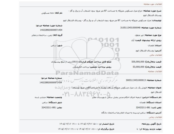 مزایده، منزل مسکونی متروکه به مساحت 87 متر مربع- بدون انشعاب آب و برق و گاز - روستای قشلاق انوج