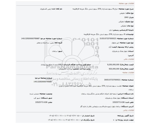مزایده، 8 سهم مشاع از 576 سهم شش دانگ مزرعه قاراقلیجه