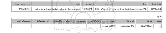 استعلام، پلاک مشخصات مطابق با استاندارد ملی