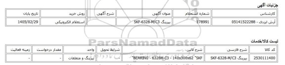 استعلام الکترونیکی، بیرینگ SKF-6328-M/C3