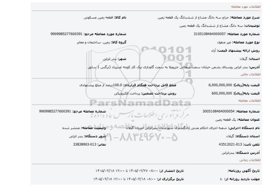 مزایده، سه دانگ مشاع از ششدانگ یک قطعه زمین