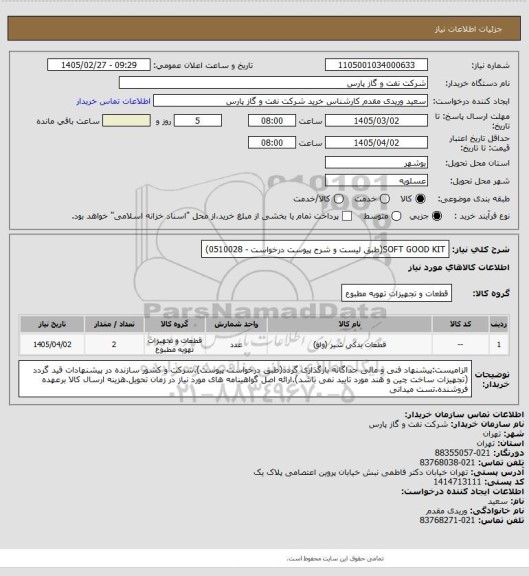 استعلام SOFT GOOD KIT(طبق لیست و شرح پیوست درخواست - 0510028)