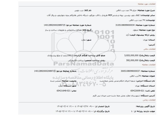 مزایده، 74 عدد درب اتاقی