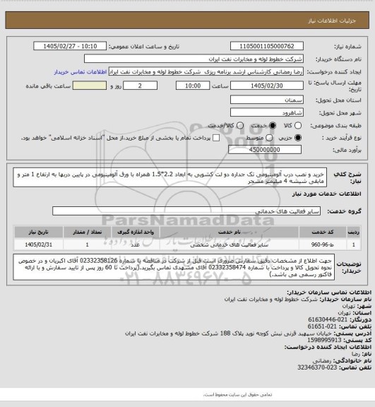 استعلام خرید و نصب درب آلومینیومی تک جداره دو لت کشویی به ابعاد 2.2*1.5 همراه با ورق آلومینیومی در پایین دربها به ارتفاع 1 متر و مابقی شیشه 4 میلیمتر مشجر
