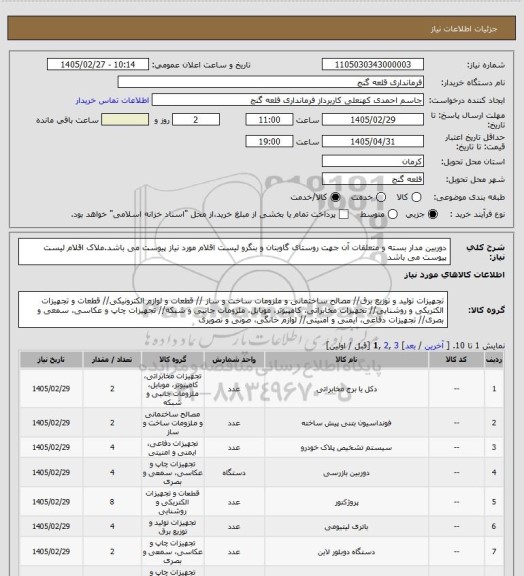 استعلام دوربین مدار بسته و متعلقات آن جهت روستای گاوبنان و بنگرو
لیست اقلام مورد نیاز پیوست می باشد.ملاک اقلام لیست پیوست می باشد