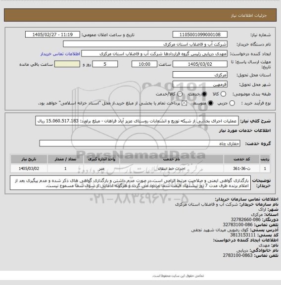 استعلام عملیات اجرای بخشی از شبکه توزیع و انشعابات روستای عزیز آباد فراهان - مبلغ براورد: 15.060.517.183 ریال
