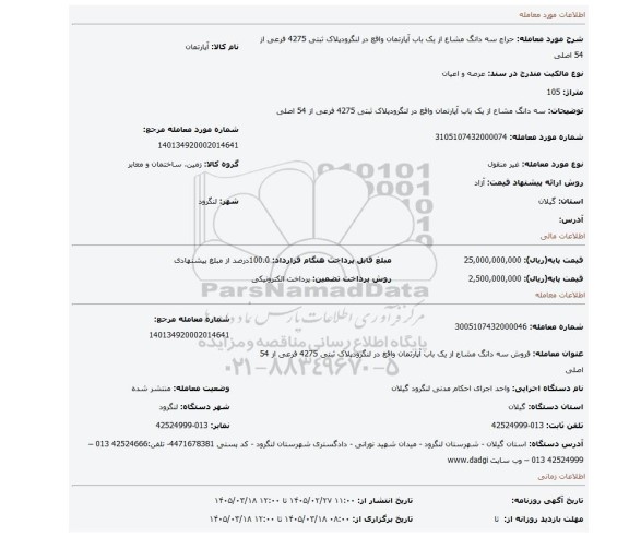 مزایده، سه دانگ مشاع از یک باب آپارتمان واقع در لنگرودپلاک ثبتی 4275 فرعی از 54 اصلی