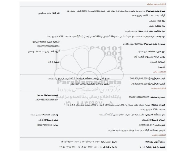 مزایده، عرصه واعیان ملک مشاع به پلاک ثبتی شماره259 فرعی از 3996 اصلی بخش یک گرگان به مساحت 458 مترمربع به ما