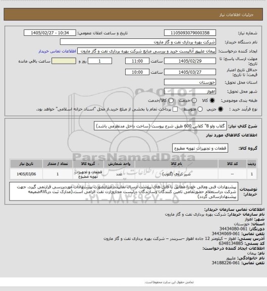 استعلام گلاب ولو 8" کلاس 600 طبق شرح پیوست (ساخت داخل مدنظرمی باشد)