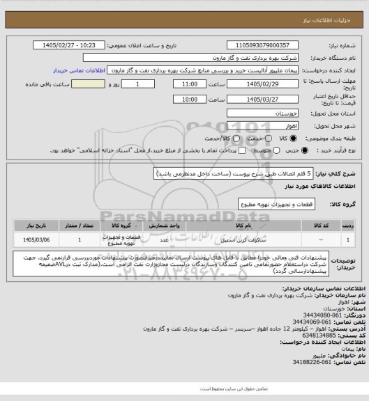 استعلام 5 قلم اتصالات طبق شرح پیوست (ساخت داخل مدنظرمی باشد)