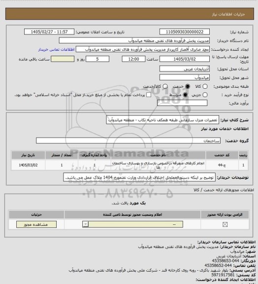 استعلام تعمیرات منزل سازمانی طبقه همکف ناحیه تکاب - منطقه میاندوآب