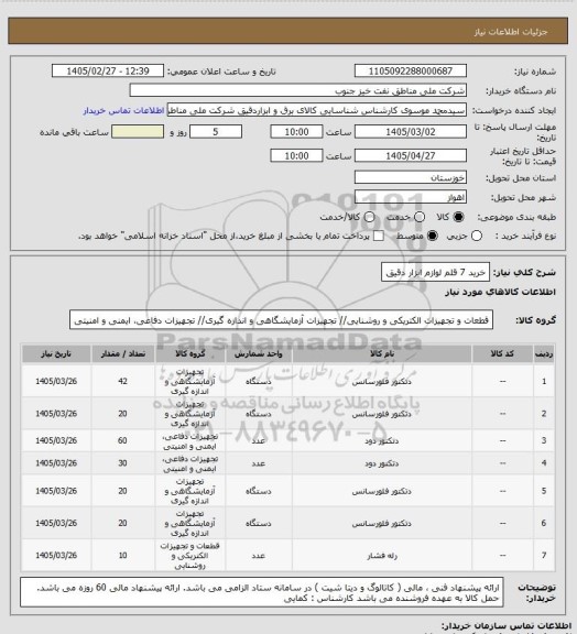 استعلام خرید 7 قلم لوازم ابزار دقیق