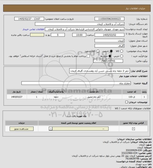 استعلام حفر 2 حلقه چاه دستی حسن آباد وهشتادان گلباف کرمان