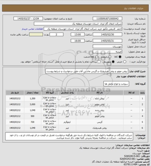 استعلام روغن موتور و روغن هیدرولیک و گریس ماشین آلات طبق درخواست و شرایط پیوست