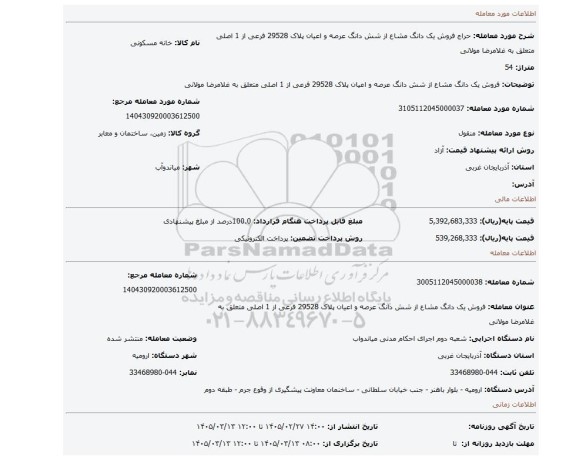 مزایده، فروش یک دانگ مشاع از شش دانگ عرصه و اعیان پلاک 29528 فرعی از 1 اصلی متعلق به غلامرضا مولانی