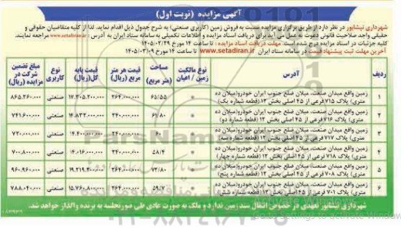 مزایده فروش زمین (کاربری صنعتی) 
