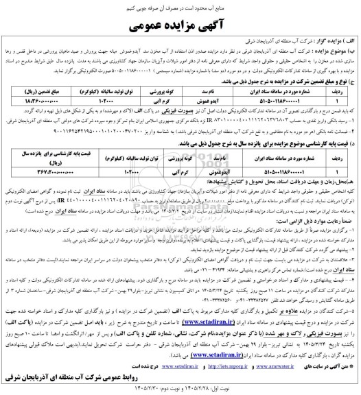  مزایده صدور اذن استفاده از آب مخزن سد آیدوغموش ...