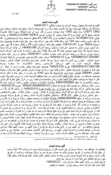 مزایده ششدانگ یک دستگاه خودروی سواری تاکسی سمند رنگ زرد خورشیدی 