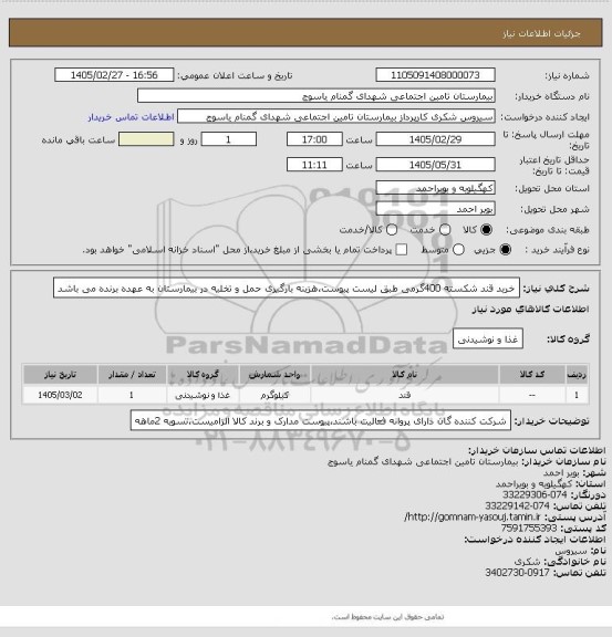 استعلام خرید قند شکسته 400گرمی طبق لیست پیوست،هزینه بارگیری حمل و تخلیه در بیمارستان به عهده برنده می باشد
