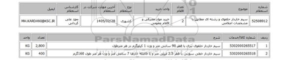 استعلام سیم خاردار حلقوی و رشته ای مطابق با مشخصات اعلامی
