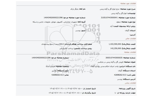 مزایده، انواع گل و گیاه زینتی