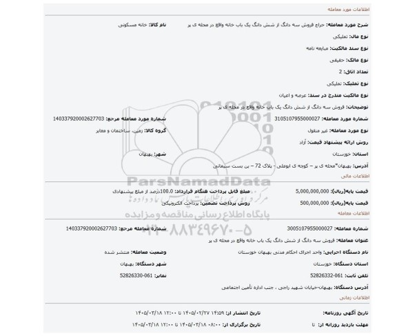 مزایده، فروش سه دانگ از شش دانگ یک باب خانه واقع در محله ی پر