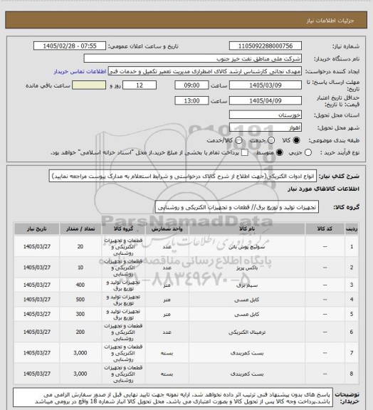 استعلام انواع ادوات الکتریکی(جهت اطلاع از شرح کالای درخواستی و شرایط استعلام به مدارک پیوست مراجعه نمایید)