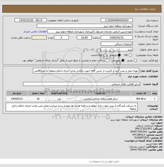 استعلام تهیه-حمل و نصب کمد و کابینت از جنس mdf جهت بایگانی واحد اجرای احکام منطقه به متراژ28متر